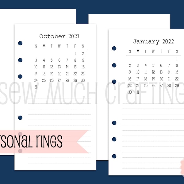 Printed Personal Size Monthly Overview Inserts