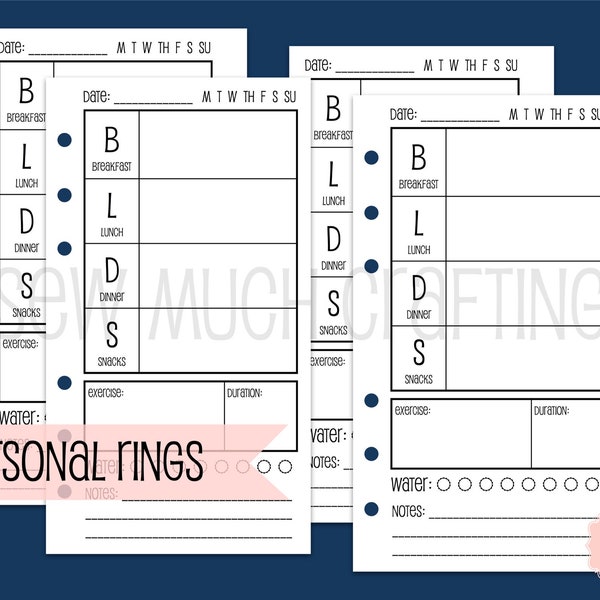 Printed Personal Size Food Journal Planner Inserts (30 DAYS)