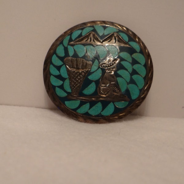 Brooch Sterling Silver w Turquoise man sitting with his basket w mountain