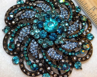 Vintage Blue Turquoise light blue ab rhinestones Brooch 4"inches