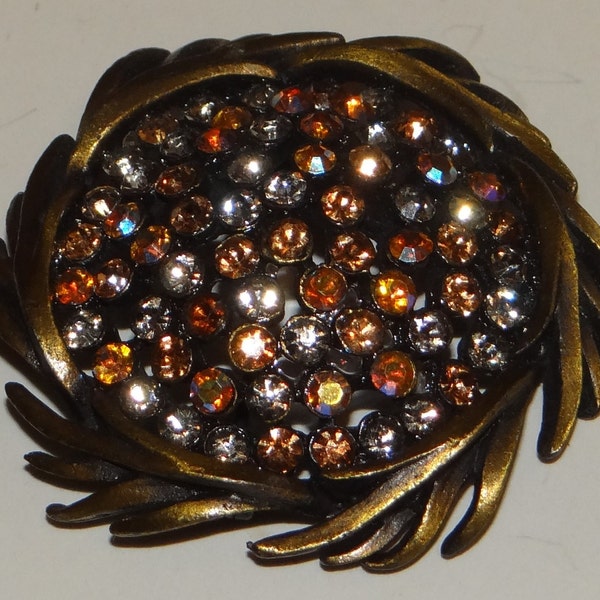 Vintage c50s Karu Arte Brooch  Amber and Gold Rhinestones