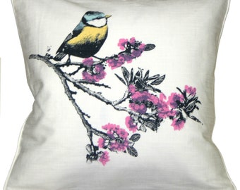 Bird on Cherry Blossom Branch 16x16 Throw Pillow (Insert Included)