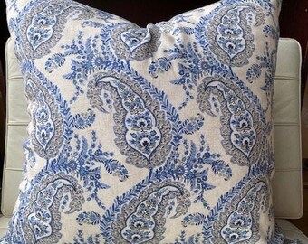 French Paisley Blue 25x25 Throw Pillow (Choose cover only/ Feather Down Insert)