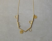 long golden element necklace, valentine's gift for her, hand made jewelry, round elements, geometric, statement necklace, designer jewelry