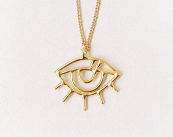 Eye Necklace, Evil Eye Necklace, Fine Jewelry, Long Gold Necklace, Handmade 14k Gold Necklace, Unique 14k Gold Necklace, Unusual Necklace