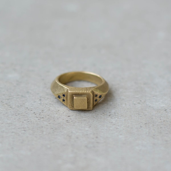 Raw Brass and sapphires ring, hand crafted statementring, big, geometric and rustic look, designer ring, baladi,unisex,mans ring,engagement