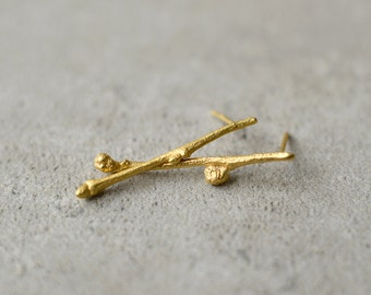 twig earrings, gold branch posts, holiday gift love, thin earrings, delicate, elegant, a symmetric studs, tree, nature jewelry, hand made