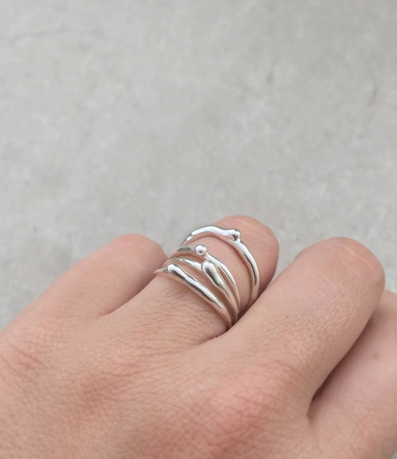 Silver Stacking Ring, Unique Ring for Women, Minimalist Jewelry, 14K White Gold Ring, Minimalist Ring, Liquid Ring, Asymmetric Ring image 1