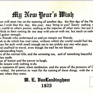 Peut inclure: Une carte vintage imprimée avec le titre "My New Year's Wish" et un poème de W. E. VanLandingham de 1925. Le texte est encre noire sur fond crème. La carte a un design simple et classique.