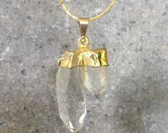 Raw Double Clear Quartz Pendant Necklace- Raw Crystal Necklace- Gold Plated Clear Quartz- Gifts for Her- Crystal Point- Protection Stone