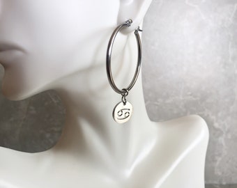 Zodiac Coin Hoop Earrings - Astrology Sign Earrings- Silver Star Sign Jewelry- Zodiac Jewelry - Constellations - Zodiac Birthday Gifts