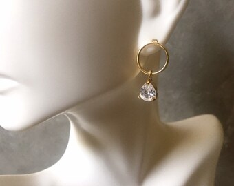 Gold Circle Earrings - Full Moon Drop Earrings - Pear shaped Diamond Earrings - Gifts for Her