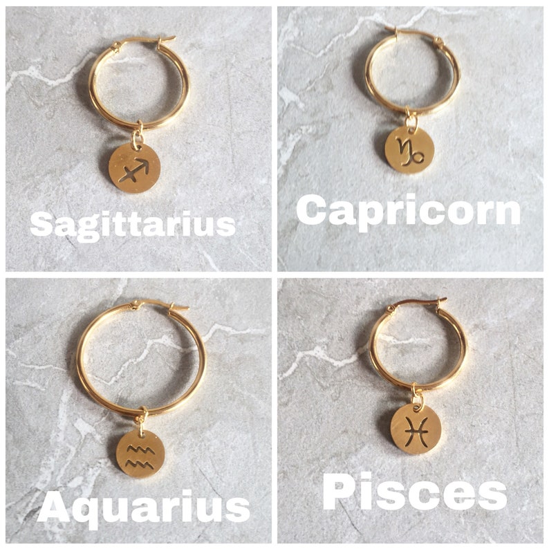 Zodiac Coin Hoop Earrings Astrology Sign Earrings Gold Star Etsy
