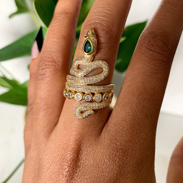 Serpent Goddess Ring - Snake Jewelry - Adjustable- Diamond Snake Ring - Emerald Accent - Gifts for Her - Holiday Gifts