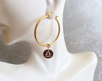 Zodiac Coin Hoop Earrings - Astrology Sign Earrings- Gold Star Sign Jewelry - Zodiac Jewelry - Constellations - Birthday Gifts