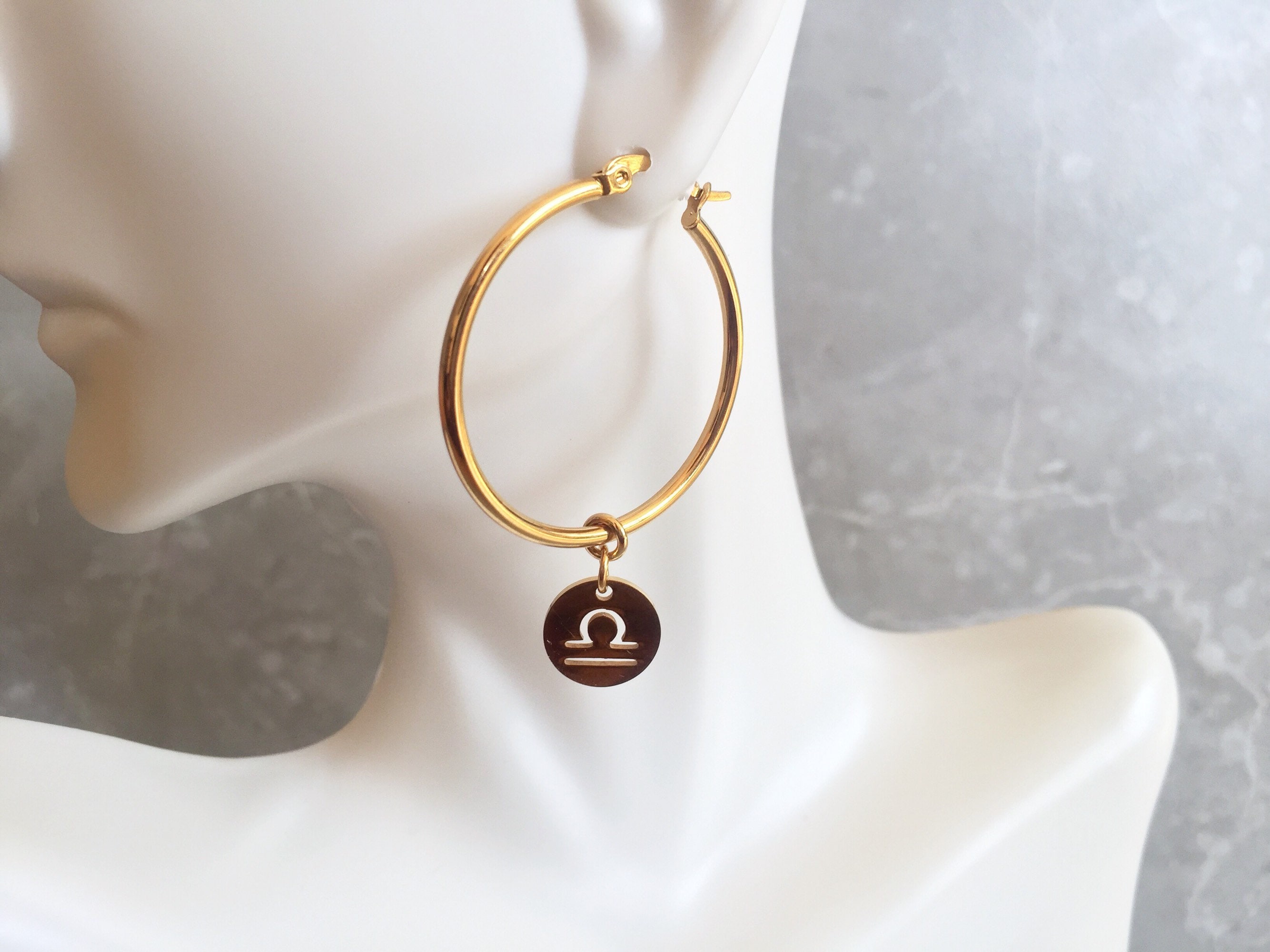 Zodiac Coin Hoop Earrings Astrology Sign Earrings Gold Star Etsy