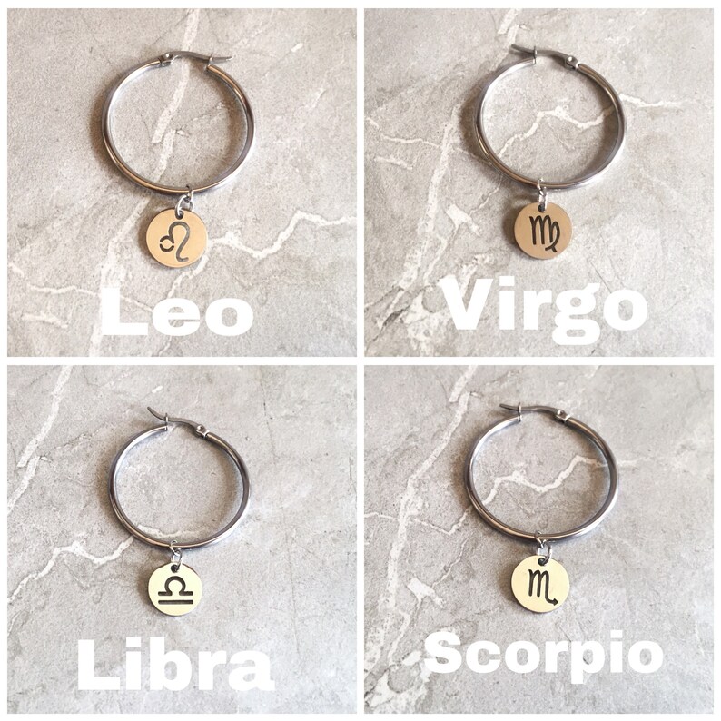 Zodiac Coin Hoop Earrings Astrology Sign Earrings Silver Etsy