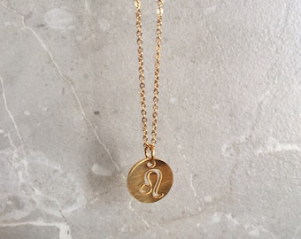 Gold Leo Symbol Zodiac Disc Necklace - Astrology Coin- Star Sign- Zodiac Jewelry - Constellations - Zodiac Birthday Gifts