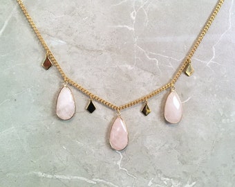 Gold Rose Quartz Charm Necklace- Raw Rose Quartz Choker- Rose Quartz Teardrop Jewelry- Gold Necklace- Natural Stone Crystal- Gifts for Her