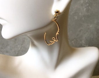 Abstract Profile Face Earrings - Picasso Face - Gold Face Earrings