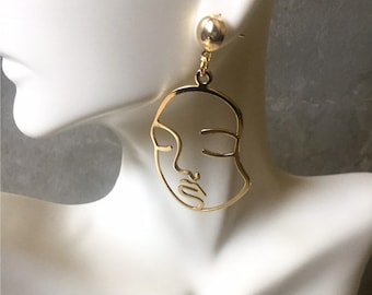 Big Abstract Face Earrings - Picasso Face - Gold Face Earrings
