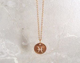 Zodiac Coin Disc Necklace - Astrology Sign Necklace - Gold Star Sign Jewelry - Zodiac Jewelry - Constellations - Zodiac Birthday Gifts