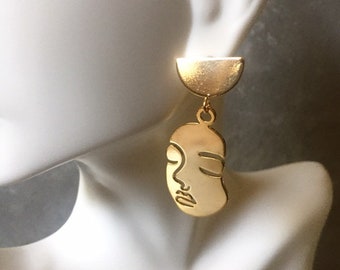 Gold Abstract Face Earrings - Picasso Face - Gold Face Earrings