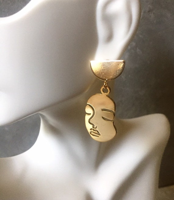 Gold Abstract Face Earrings Picasso Face Gold Face Earrings Etsy