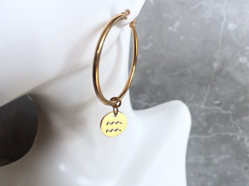 Zodiac Coin Hoop Earrings Astrology Sign Earrings Gold Star Etsy
