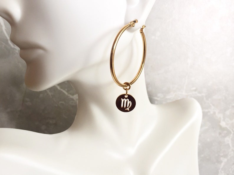 Zodiac Coin Hoop Earrings Astrology Sign Earrings Gold Star Etsy