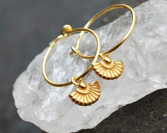 Tiny gold plated silver hoop earrings with fan charms / Mothers day gifts, birthday gifts