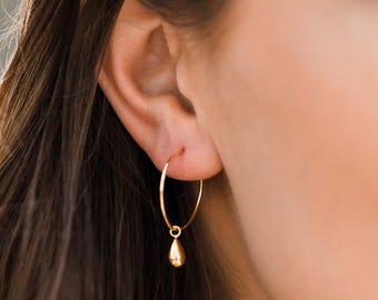 Gold Hoop Earrings with Teardrop Charms | 14K Gold-Plated Sterling Silver | Minimalist Drop Earrings