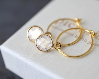 Crystal-Clear Birthstone Hoops | April Birthday Gift | 925 Sterling Silver, 18K Gold-Plated