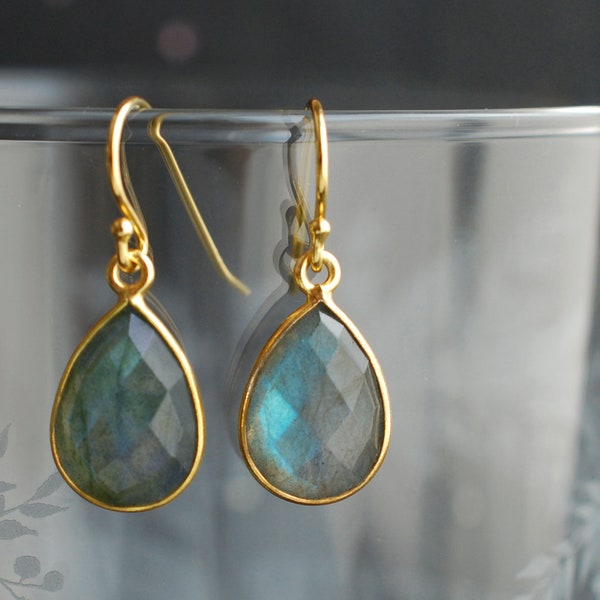 Labradorite faceted gemstone drop earrings, gold plated silver  / Gifts for her