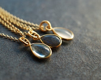 PRECIOUS . Dainty 22k gold-plated sterling silver necklace with genuine gemstone drop pendant . mothers day gifts