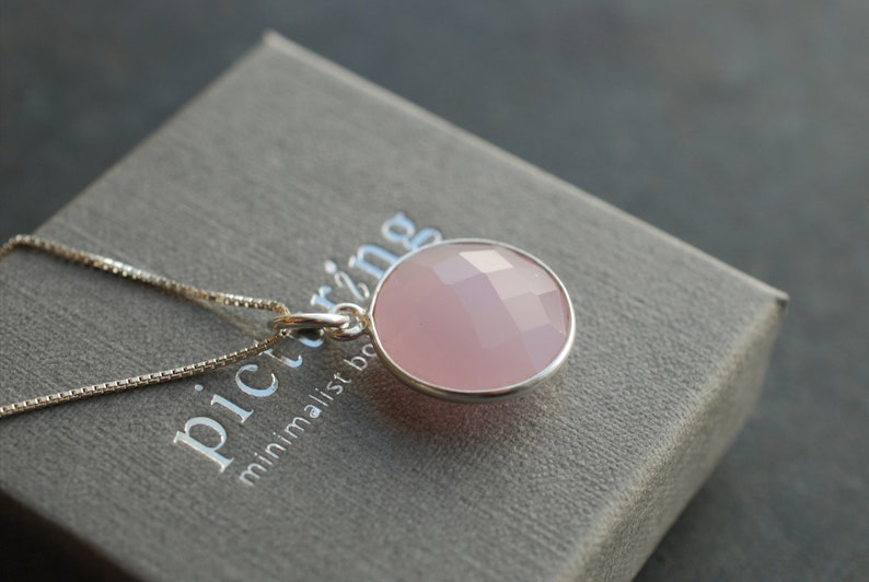 LUNA . Gemstone necklace with long Sterling Silver Box Chain / personalized gifts for her / birthday gift ideas Pink Chalcedony