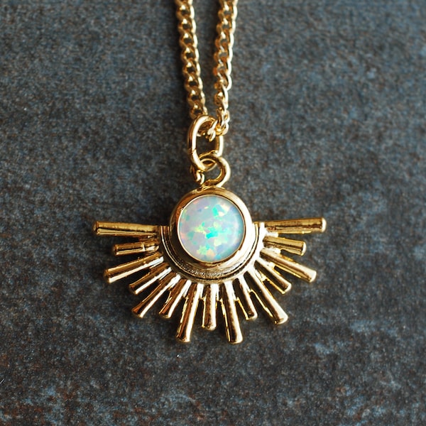 Sun Burst . Gold plated necklace with opal sun charm . Celestial jewelry . Gift ideas  for women . Birthday Gift . Boho necklace . FW 20 21