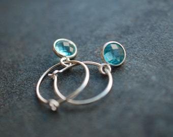 Tiny silver birthstone hoop earrings Blue Topaz / December birthday gifts / sterling silver, faceted gemstone earrings