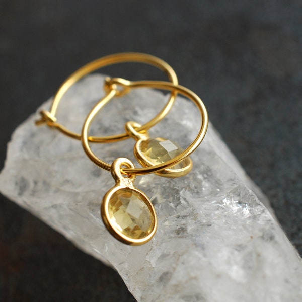 Tiny hoop earrings Citrine/ November birthday gifts / faceted gemstone earrings, gold plated silver  / gifts for mom