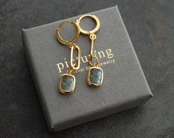 LUCY . 16k gold plated dangle earrings with glass charms in the color labradorite-grey . gifts for her