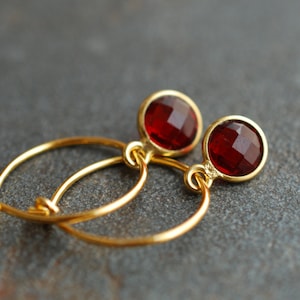 Tiny birthstone hoop earrings garnet / January birthday gifts / faceted gemstone earrings, gold plated silver  / gifts for mom