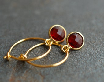 Tiny birthstone hoop earrings garnet / January birthday gifts / faceted gemstone earrings, gold plated silver  / gifts for mom