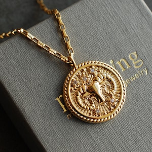 CONSTELLATION Zodiac Coin Celestial Necklace with cubic zirkonia . trendy . personalized gifts for her . FW 20 21