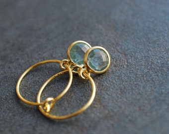 Tiny birthstone hoop earrings Aquamarine / March birthday gifts / gold plated silver, faceted gemstone earrings/ personalized jewelry  /