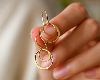 Golden Double Circle Earrings · Lightweight Drop Earrings in 14K Gold-Plated Sterling Silver · Minimalist Jewelry Gift for Her