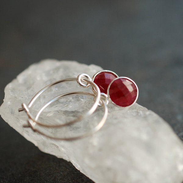 Tiny silver birthstone hoop earrings Ruby  / July birthday gifts / personalized, sterling silver  / gifts for women