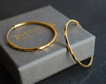 Large gold hoop earrings, structured. statement. Sterling silver 22 kt gold plated. Mother's Day gifts