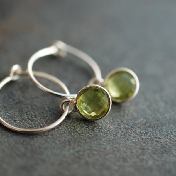 Tiny silver birthstone hoop earrings Peridot . August birthday gifts . faceted gemstone earrings . personalized jewelry