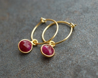 Tiny birthstone hoop earrings Ruby  / July birthday gifts / personalized, gold plated silver  / gifts for women