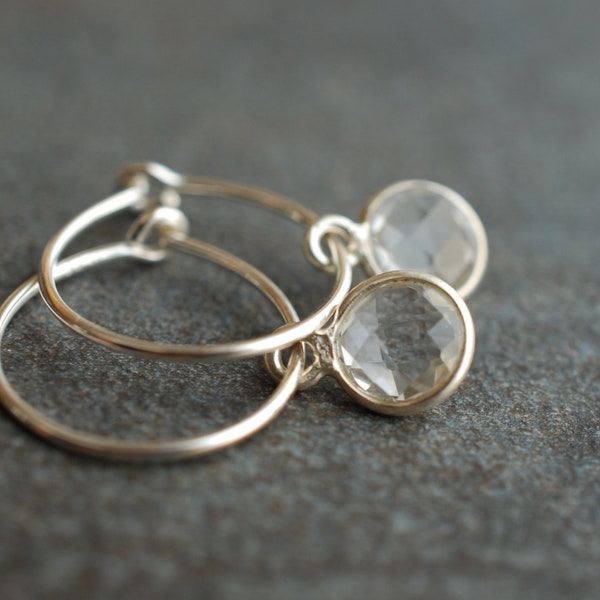 Tiny silver birthstone hoop earrings  / April birthday gifts / faceted crystal quartz gemstone earrings, Sterling silver  / gifts for mom